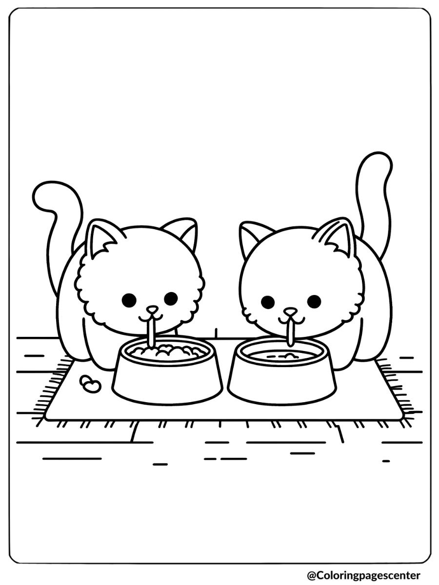 Two cats eating from bowls coloring page