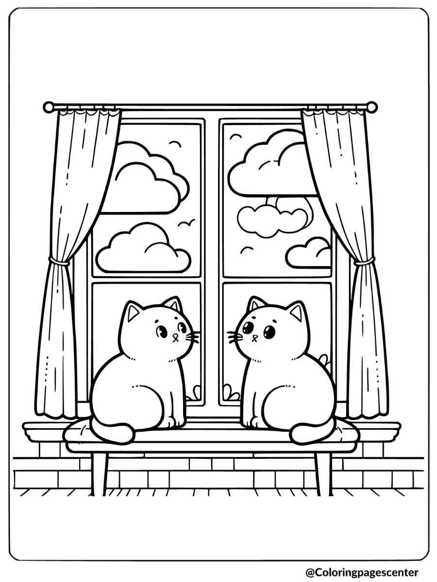 Coloring page of two cats looking out a window with clouds