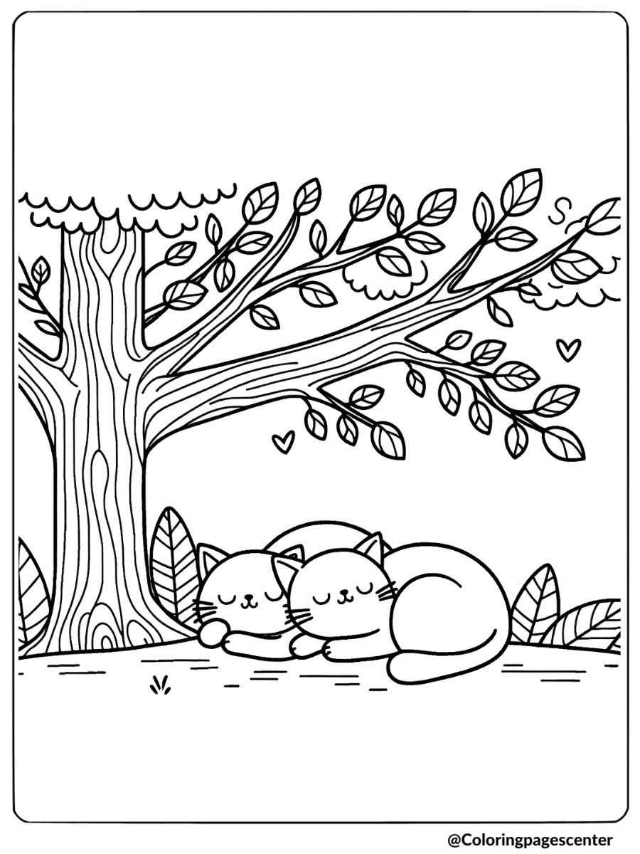 Coloring page of two cats napping under a tree with hearts