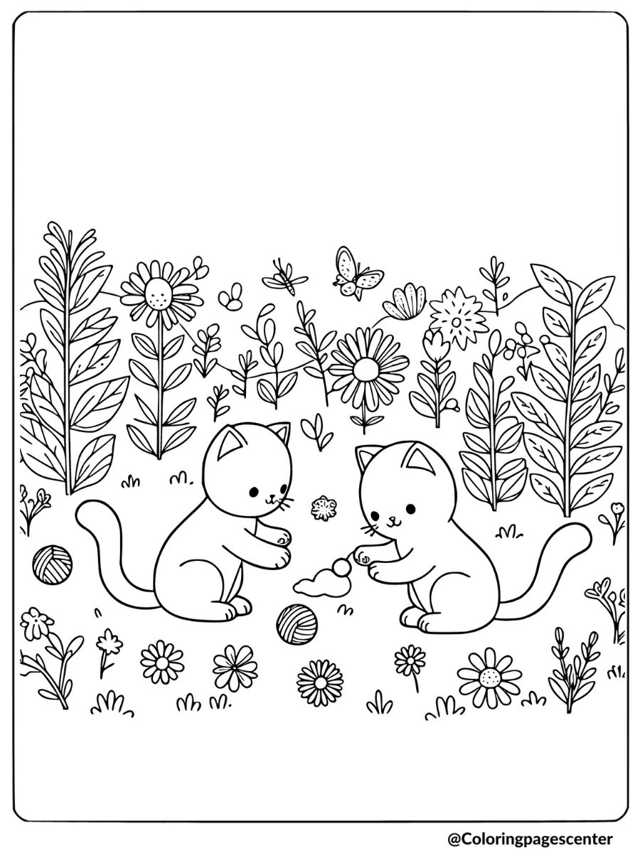 Coloring page of cats playing with yarn in a garden