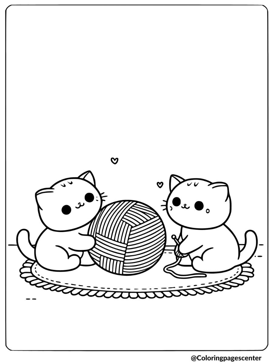 Two cats playing with a big ball of yarn coloring page