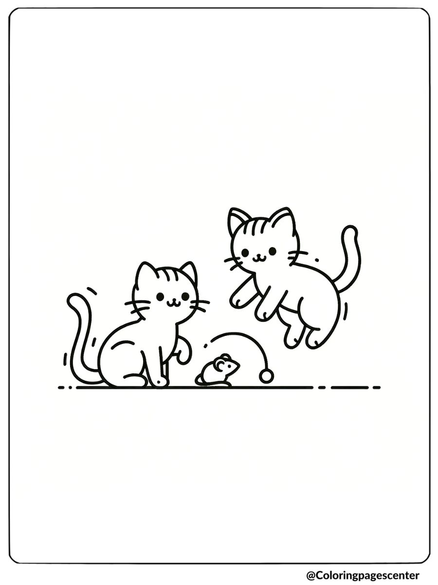 Coloring page of two playful cats with a toy mouse