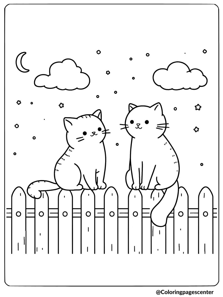 Coloring page of two cats on a fence under a night sky