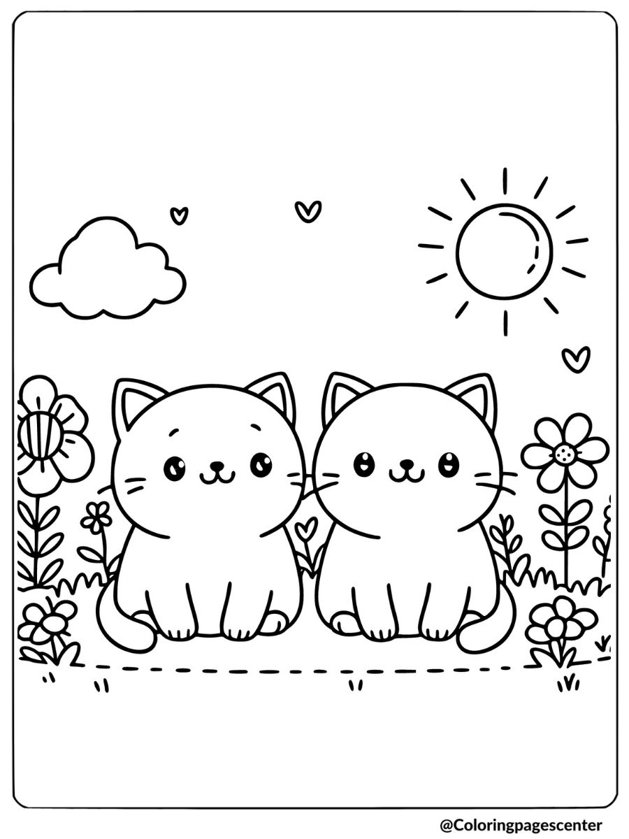 Coloring page of two cute cats sitting in a grassy area