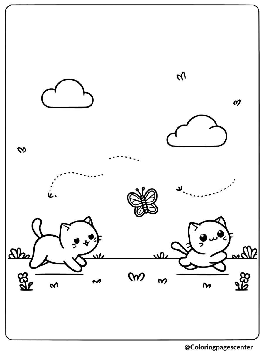 Coloring pages of two cats chasing a butterfly