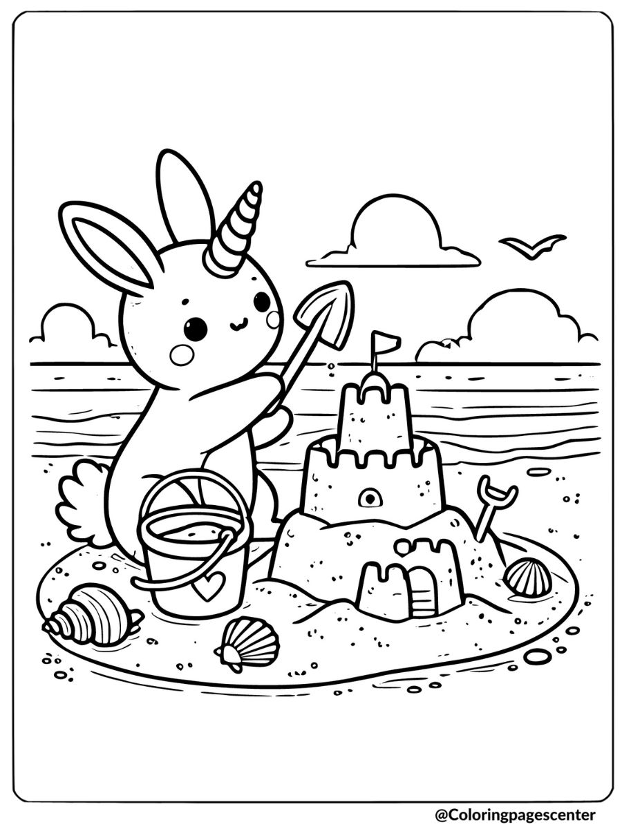 Sandcastle building bunny unicorn coloring page