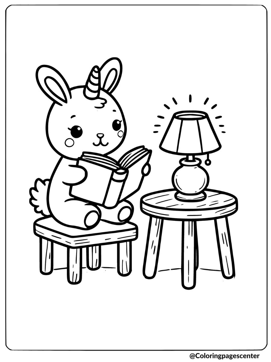 Reading bunny unicorn by lamp coloring page