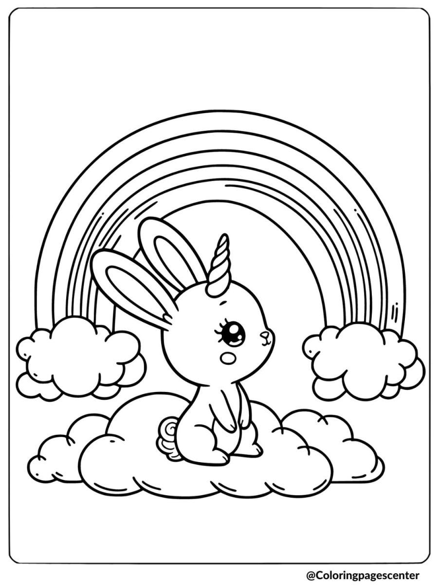 Rainbow bunny unicorn on clouds coloring page