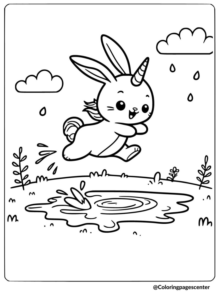 Puddle jumping bunny unicorn coloring page