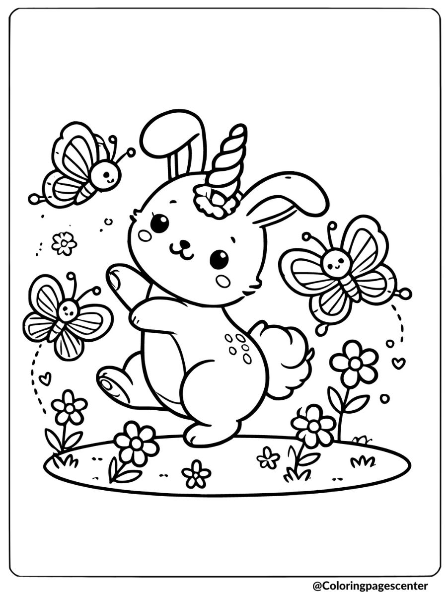 Butterfly chasing bunny unicorn coloring page