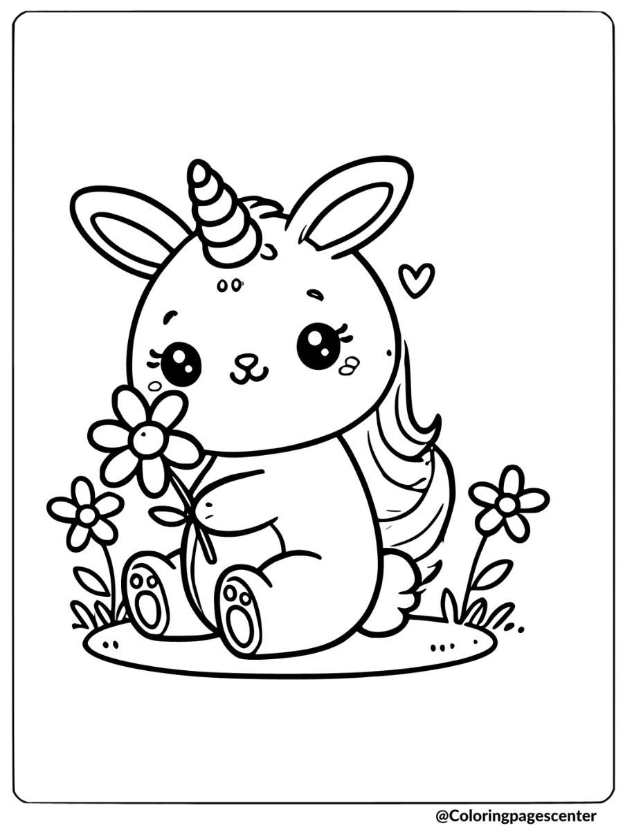 Flower-holding bunny unicorn coloring page