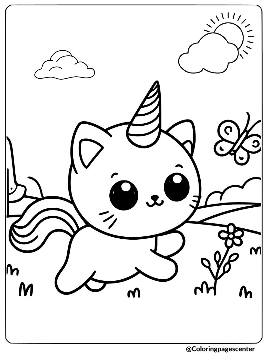 Unicorn cat exploring a garden with flowers coloring page