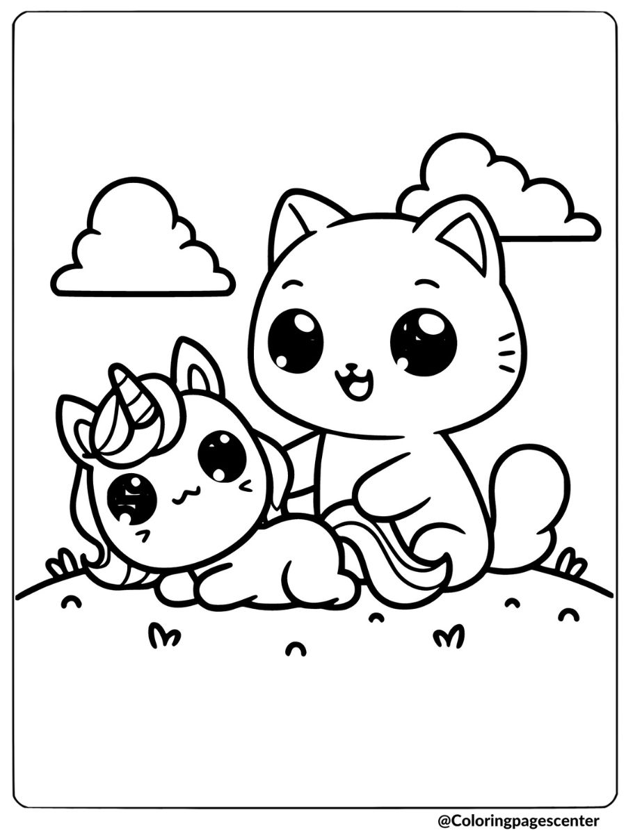 Unicorn cats cuddling under the clouds coloring page