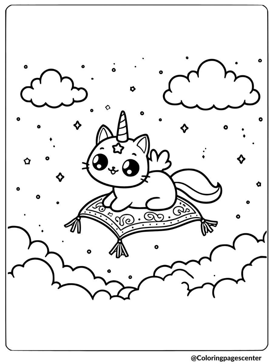 Unicorn cat soaring on a magic carpet coloring page