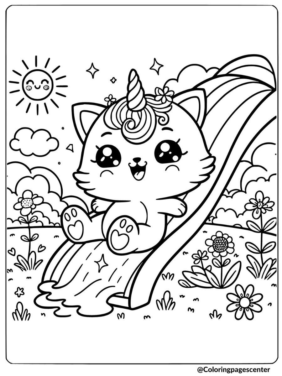 Unicorn cat sliding down in a sunny day coloring page