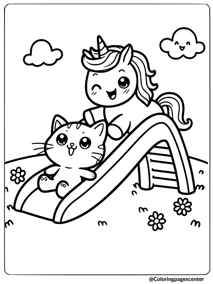 Unicorn cat enjoying a slide with a friend coloring page