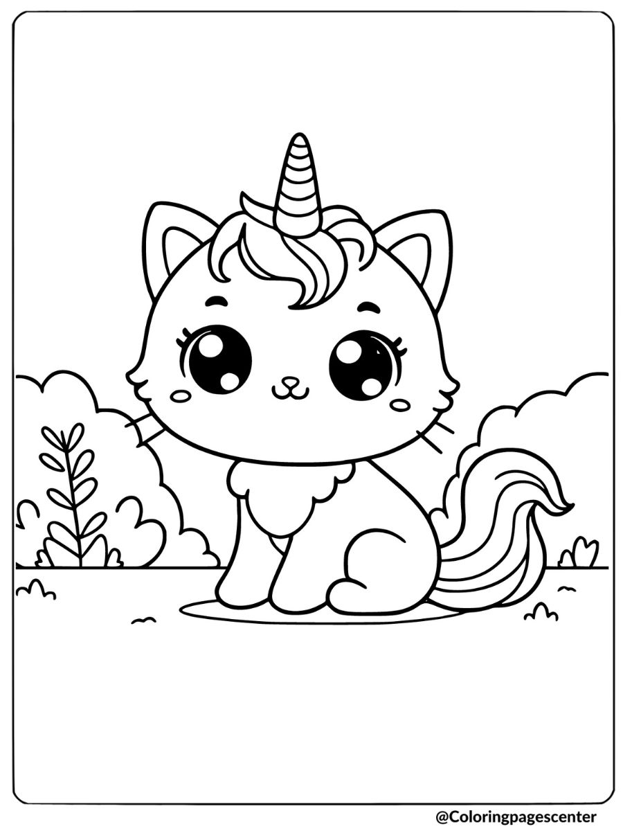 Unicorn cat relaxing in a sunny meadow coloring page