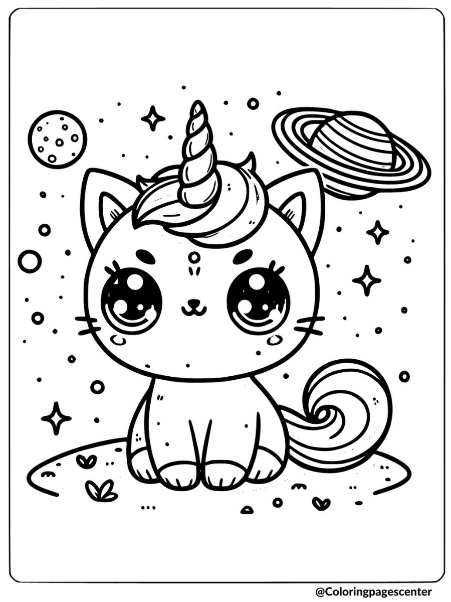 Unicorn cat surrounded by stars in space coloring page