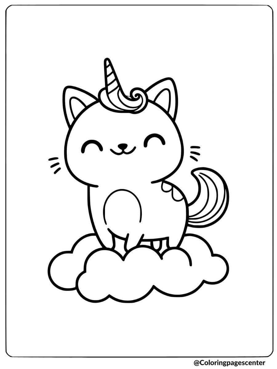 Unicorn cat resting on a fluffy cloud coloring page