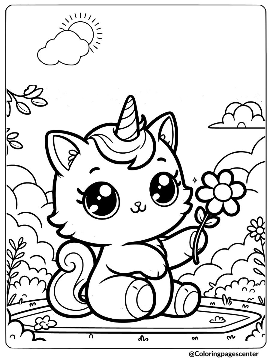 Unicorn cat with a flower in hand coloring page