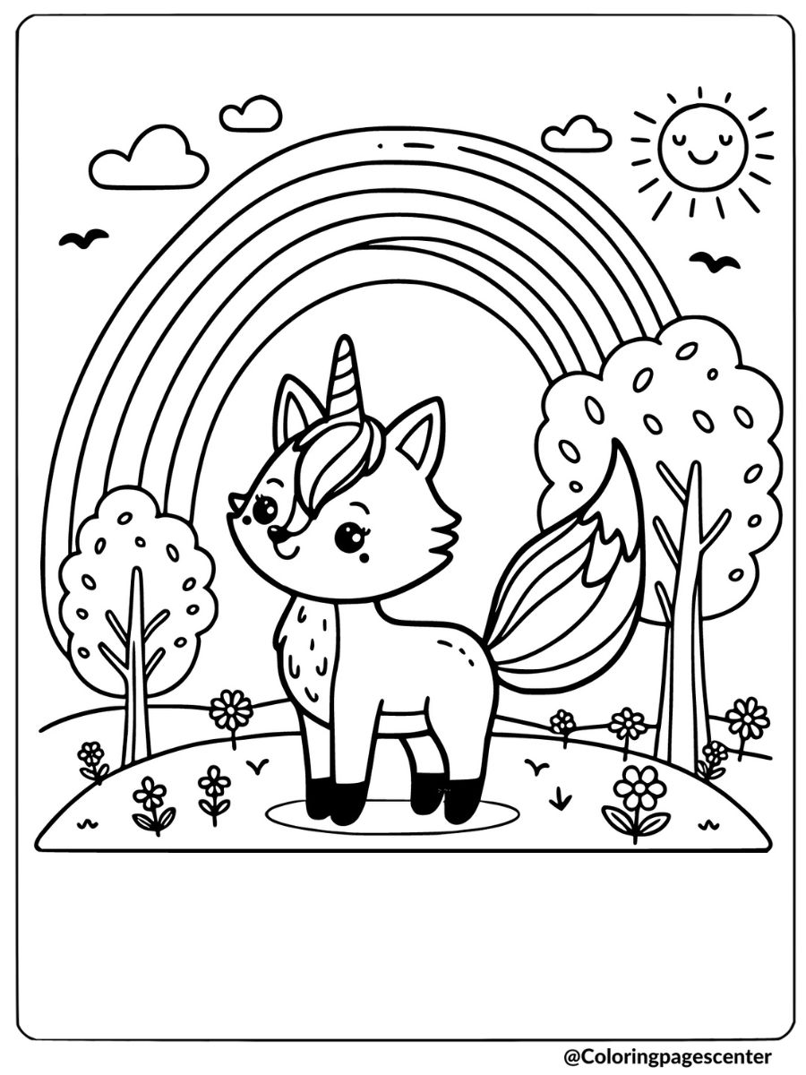 Fox unicorn standing under rainbow coloring page