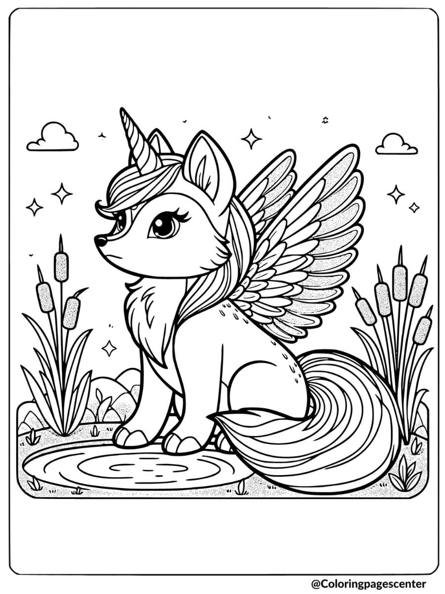 Fox unicorn with wings near a pond coloring page