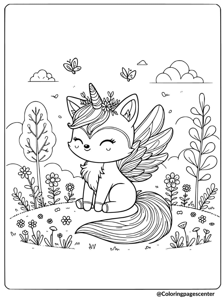 Fox unicorn with wings in a meadow coloring page