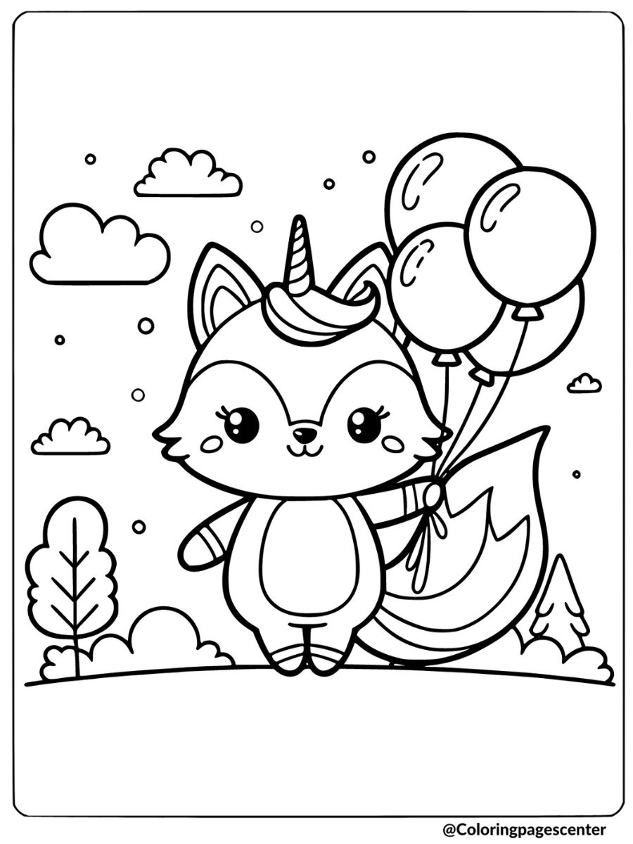 Fox unicorn holding balloons in a field coloring page