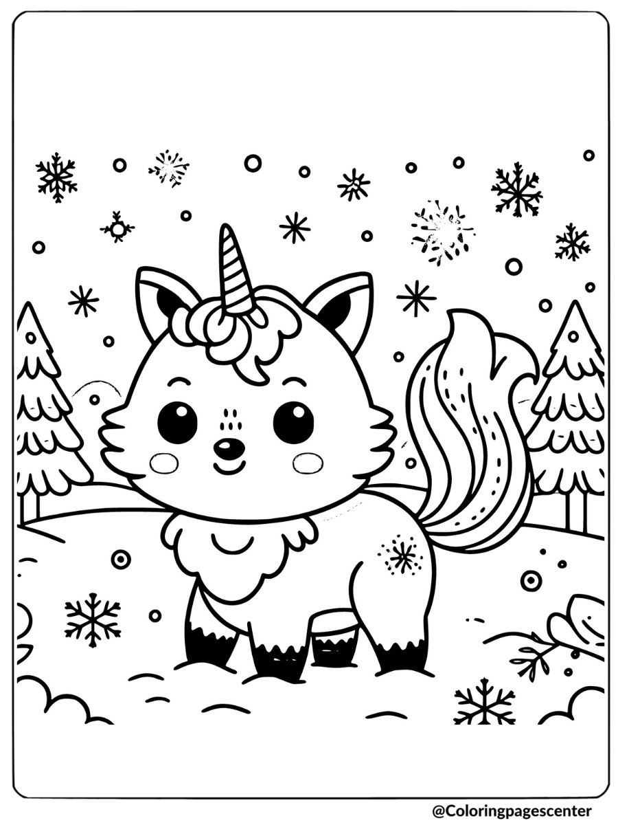 Fox unicorn in winter with snowflakes coloring page