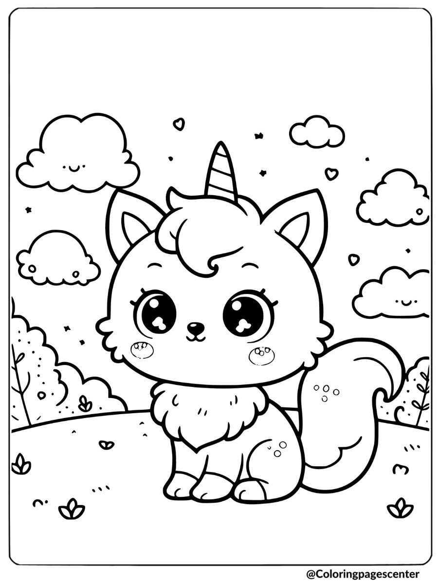 Adorable fox unicorn sitting on grass coloring page