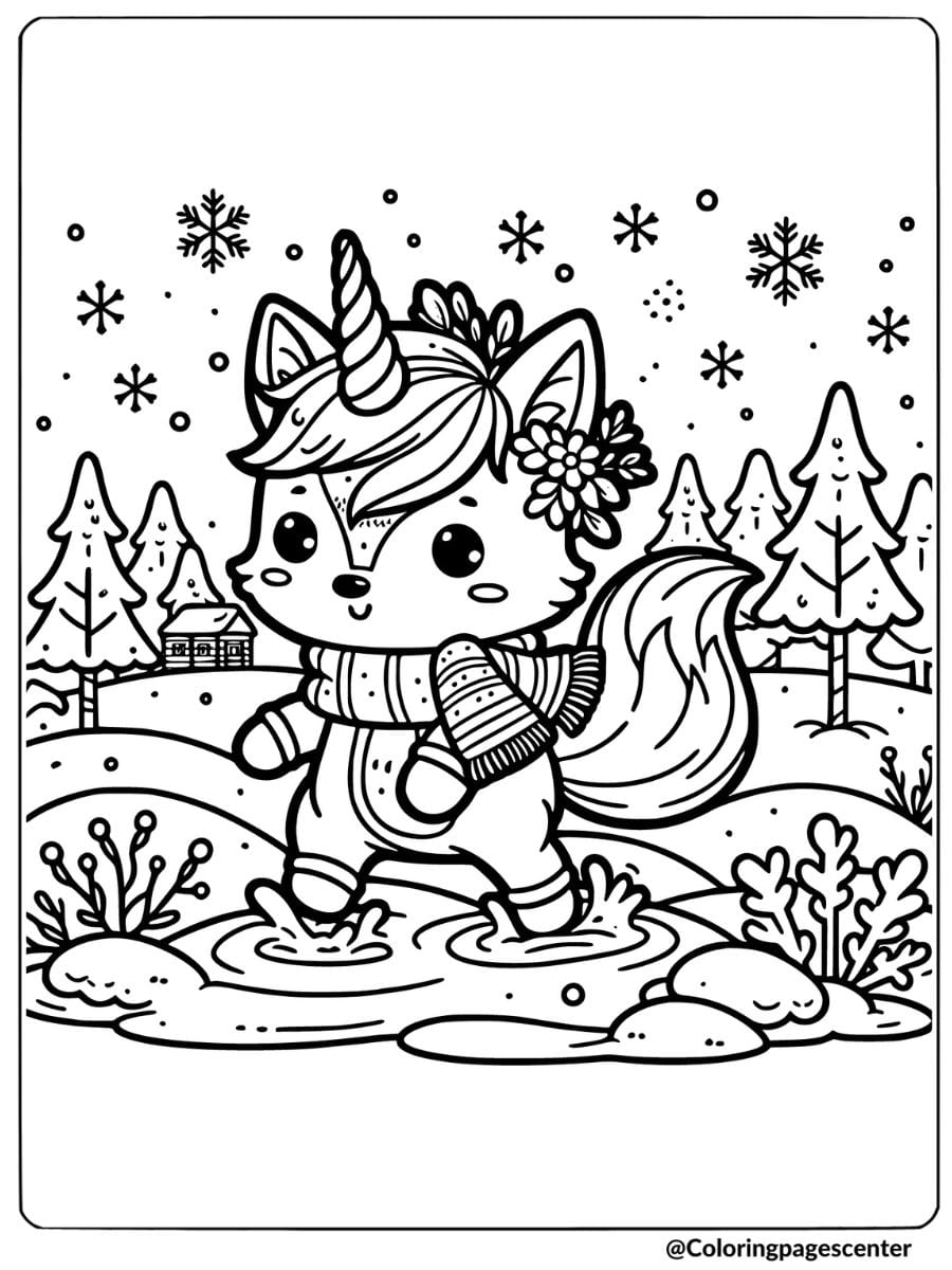Fox unicorn in winter clothes in a snowy forest coloring page