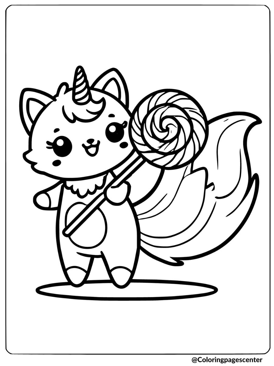 Fox unicorn holding a large lollipop coloring page