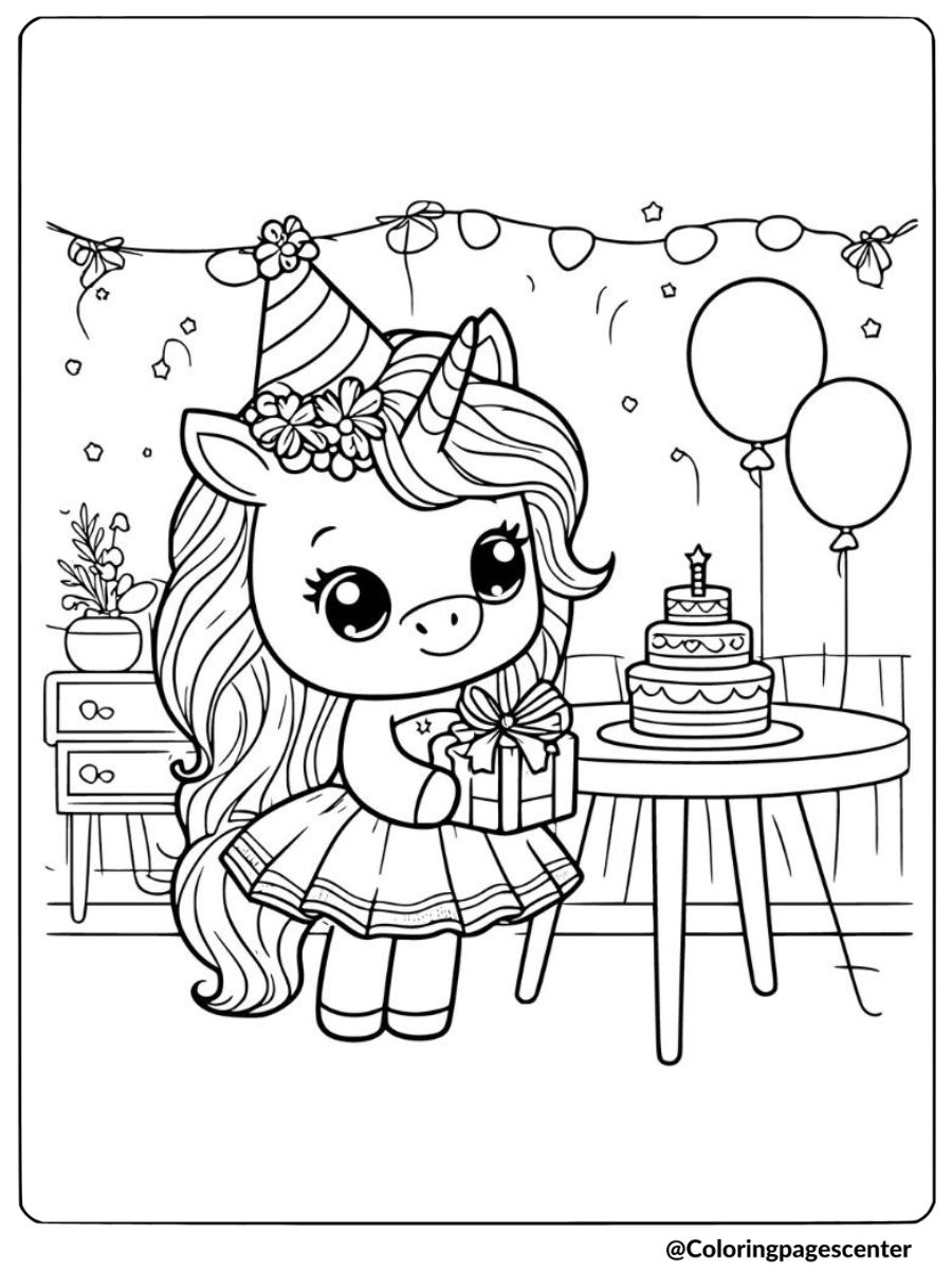 Unicorn girl holding birthday gift coloring page