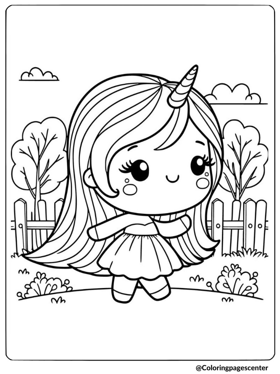 Garden dance scene coloring page featuring unicorn girl