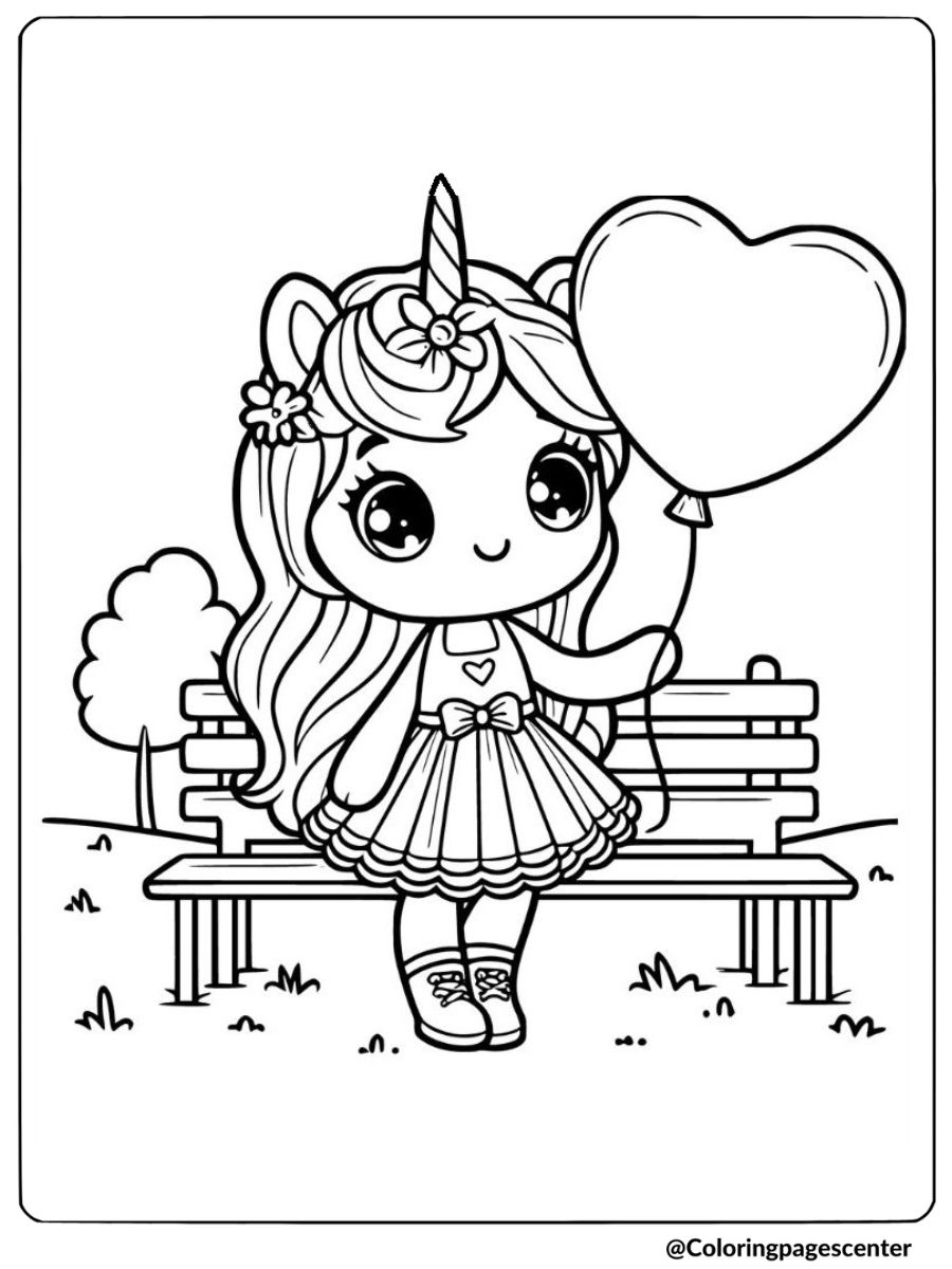 Coloring page of unicorn girl with heart balloon on bench