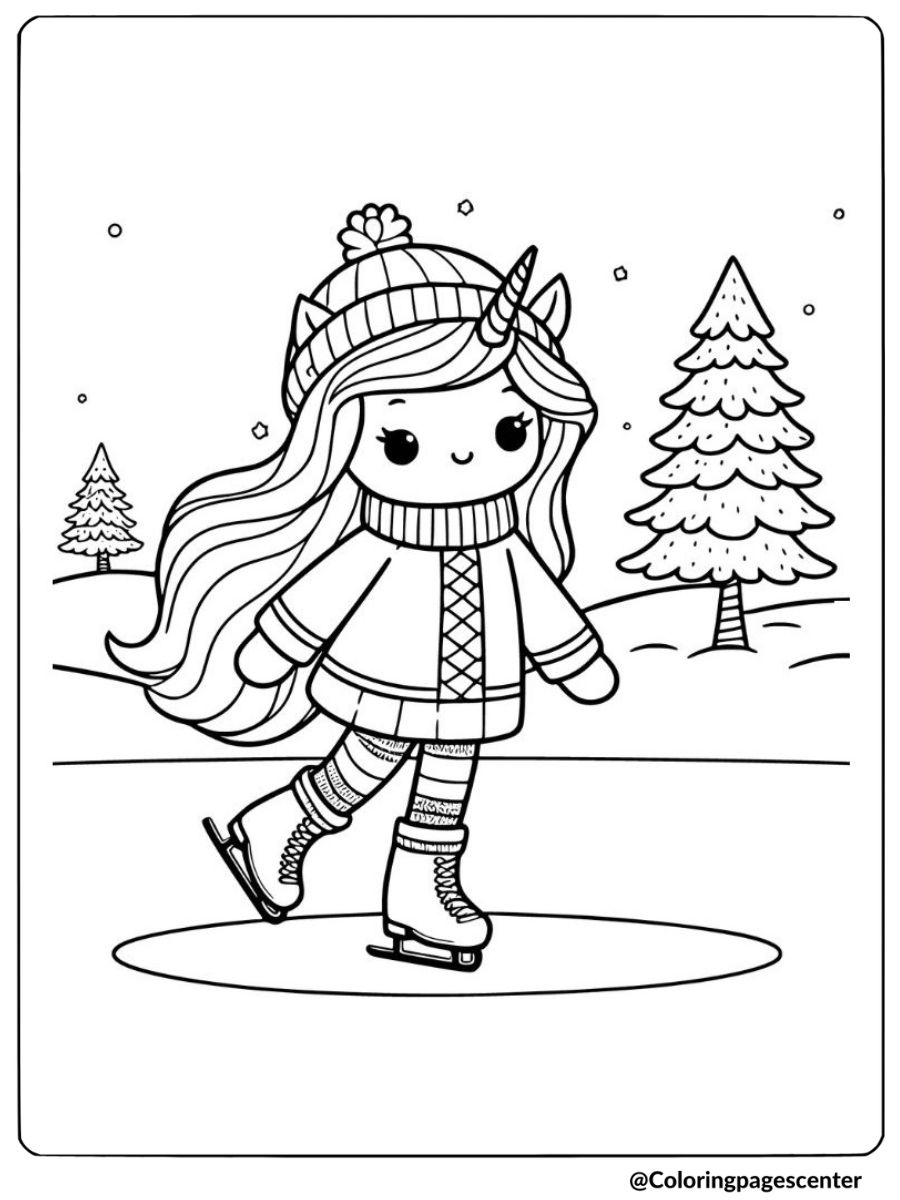 Ice skating unicorn girl in winter setting coloring page