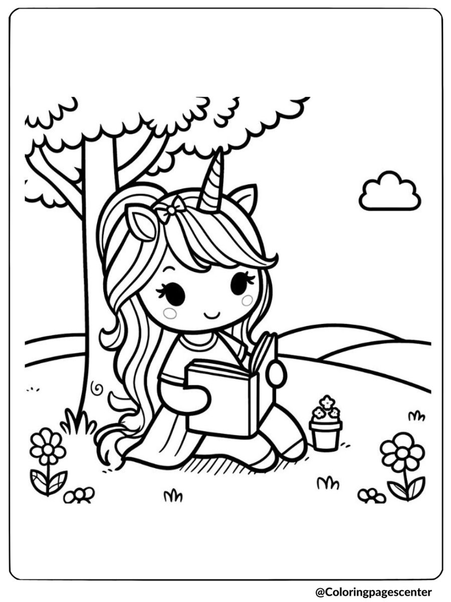 Unicorn girl reading book outside under tree coloring page