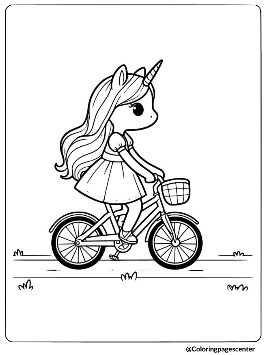 Coloring page of unicorn girl riding a bicycle on sunny day