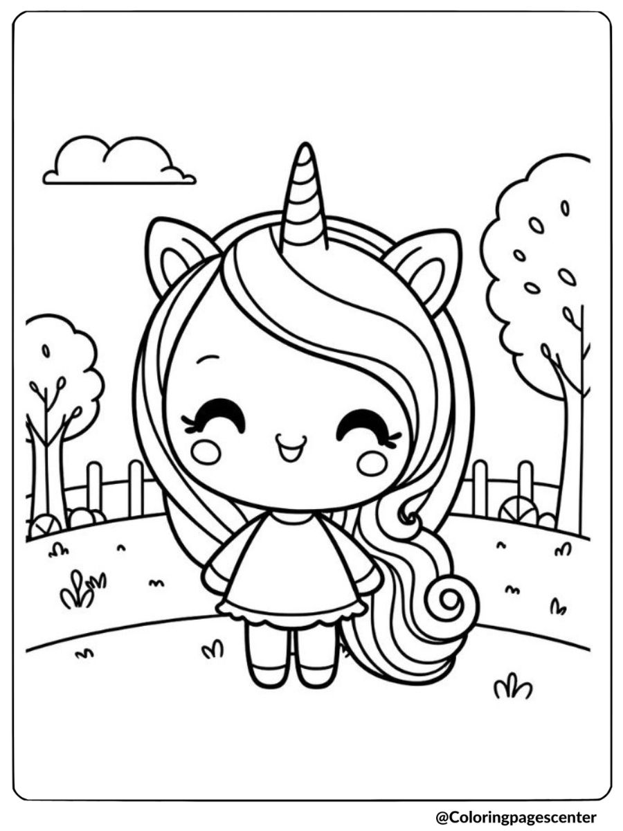 Happy unicorn girl smiling in garden coloring page