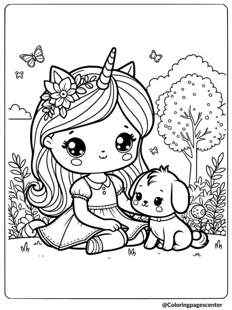 Coloring page of unicorn girl with puppy in garden scene