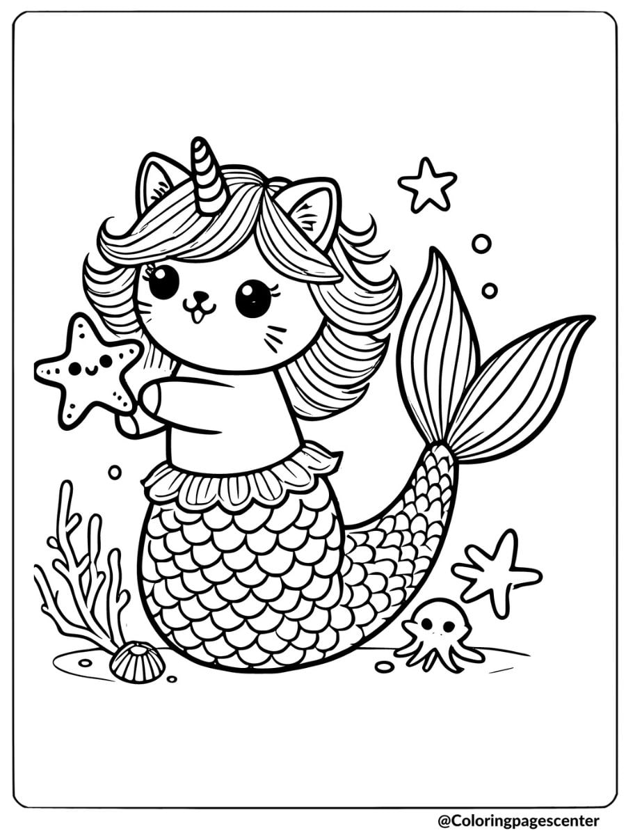 Starfish friend unicorn cat mermaid coloring page