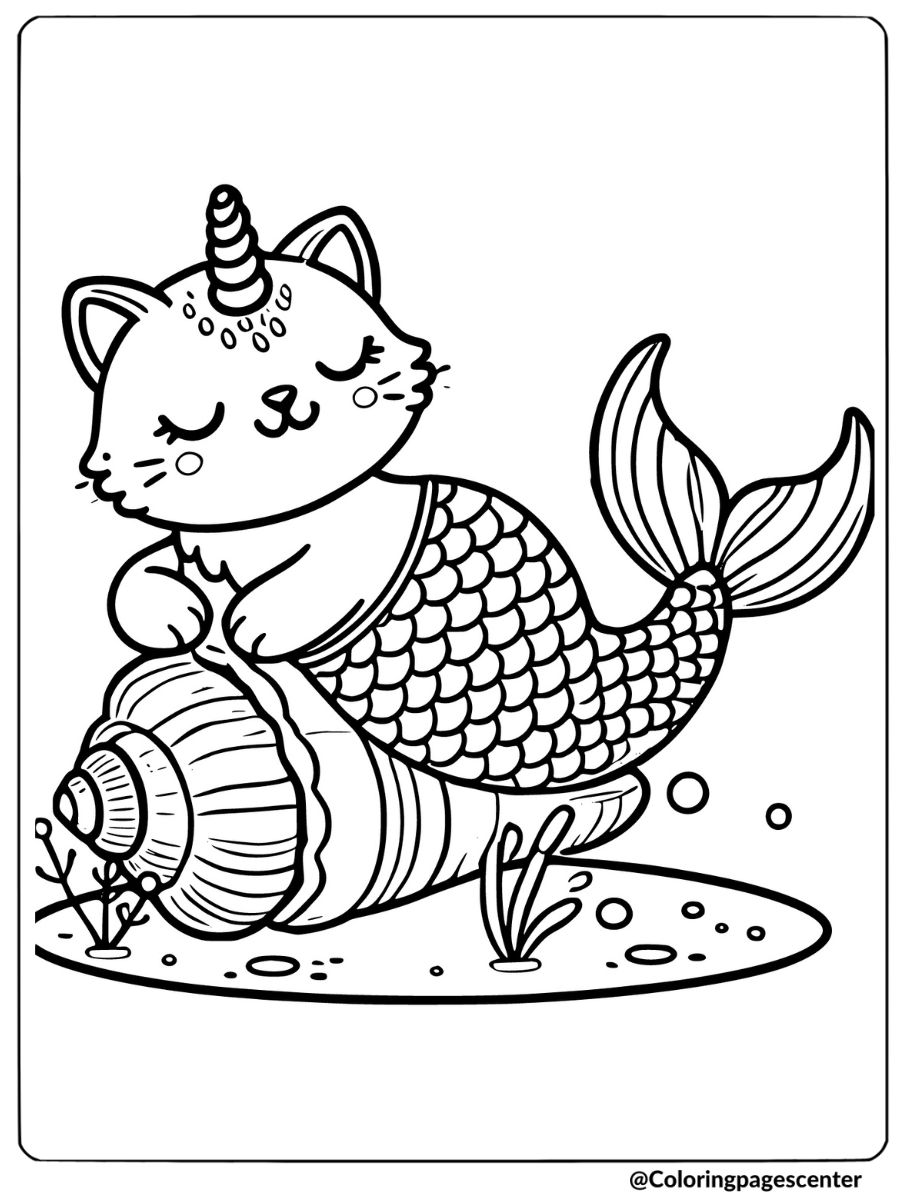 Resting unicorn cat mermaid coloring page