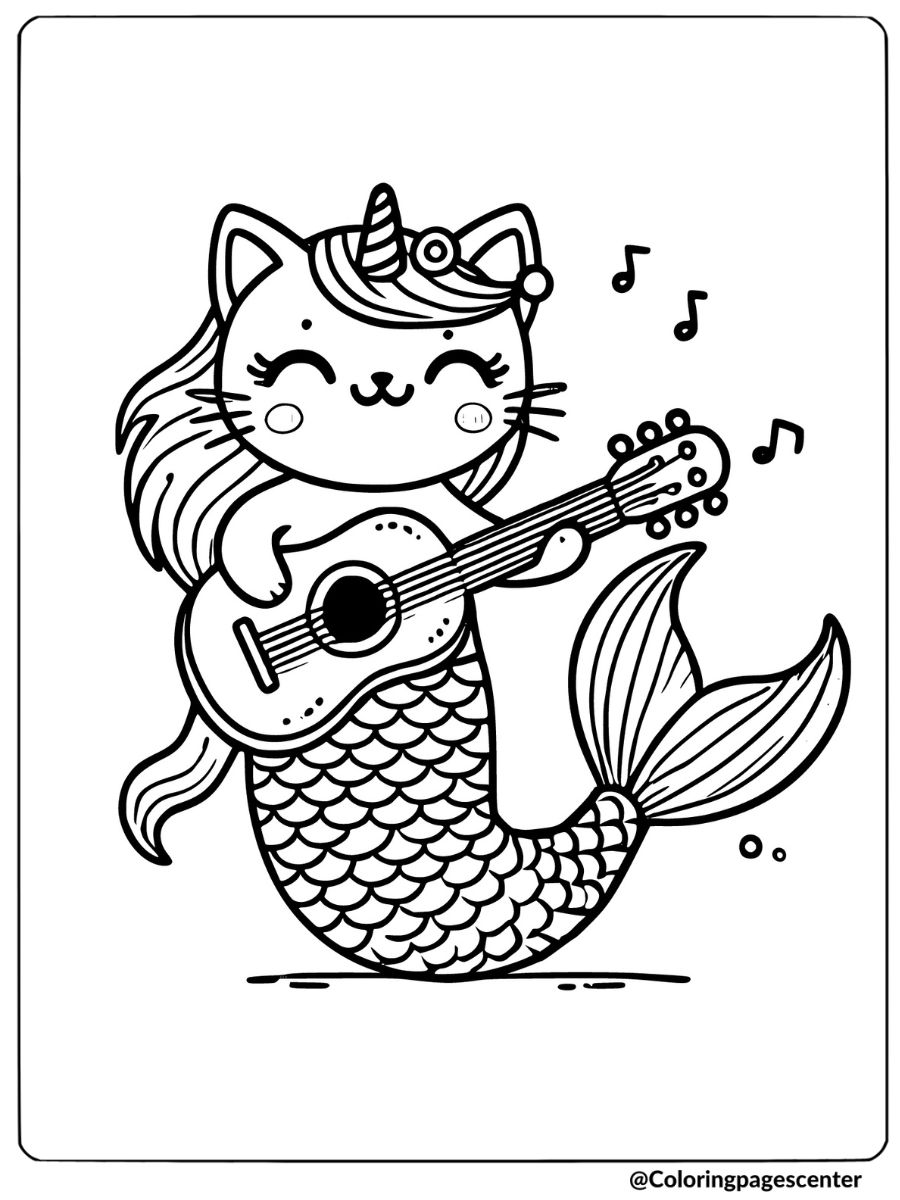 Musical unicorn cat mermaid coloring page