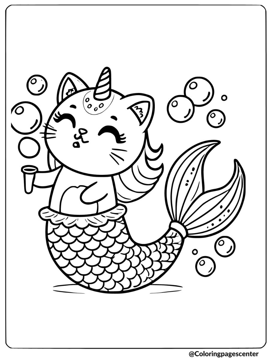 Bubble fun unicorn cat mermaid coloring page