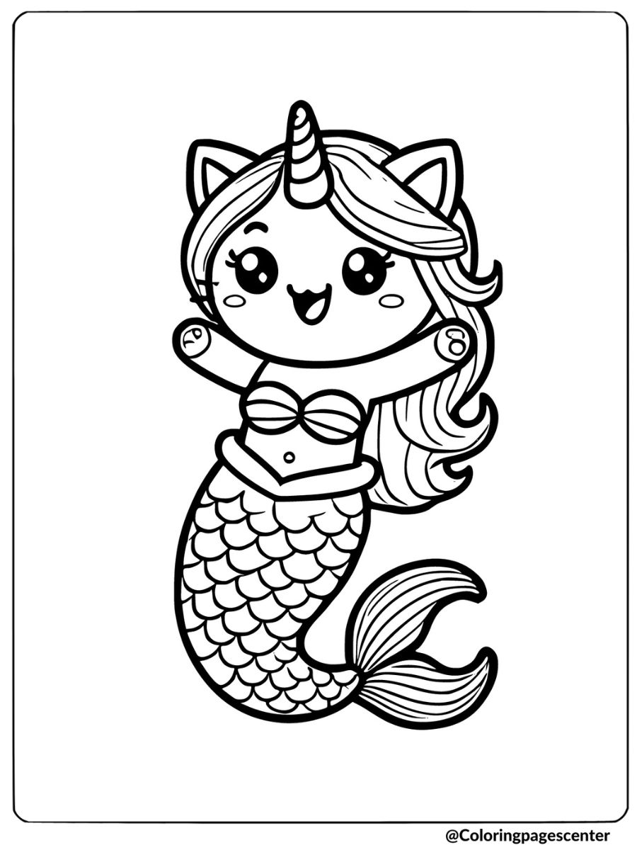 Joyful unicorn cat mermaid coloring page