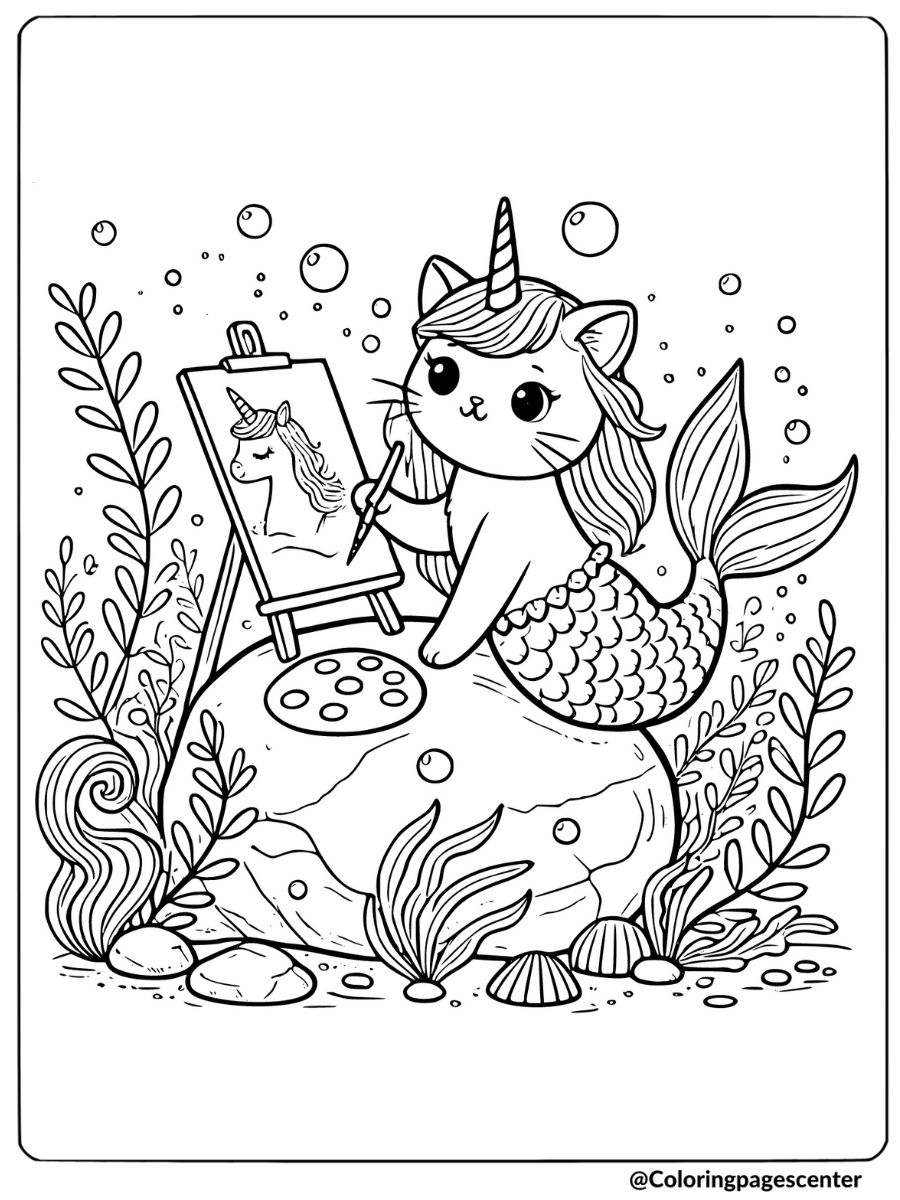 Artistic unicorn cat mermaid coloring page