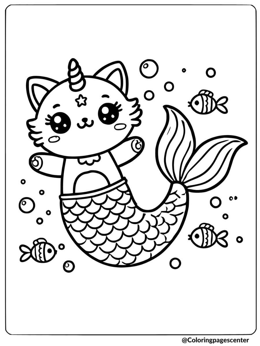 Playful unicorn cat mermaid coloring page