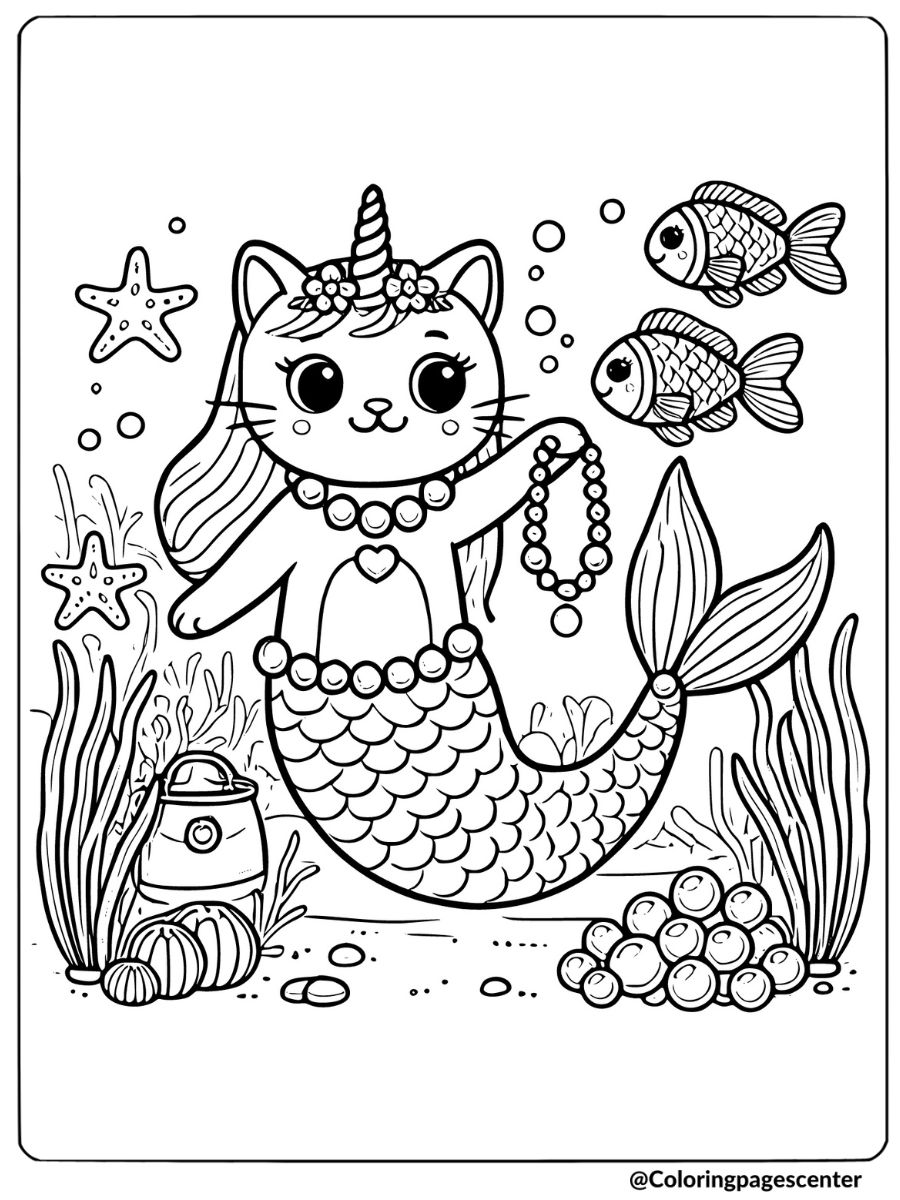 Treasure hunting unicorn cat mermaid coloring page