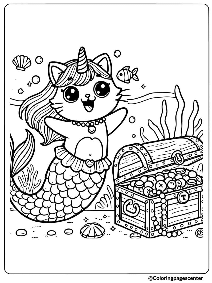 Excited unicorn cat mermaid coloring page