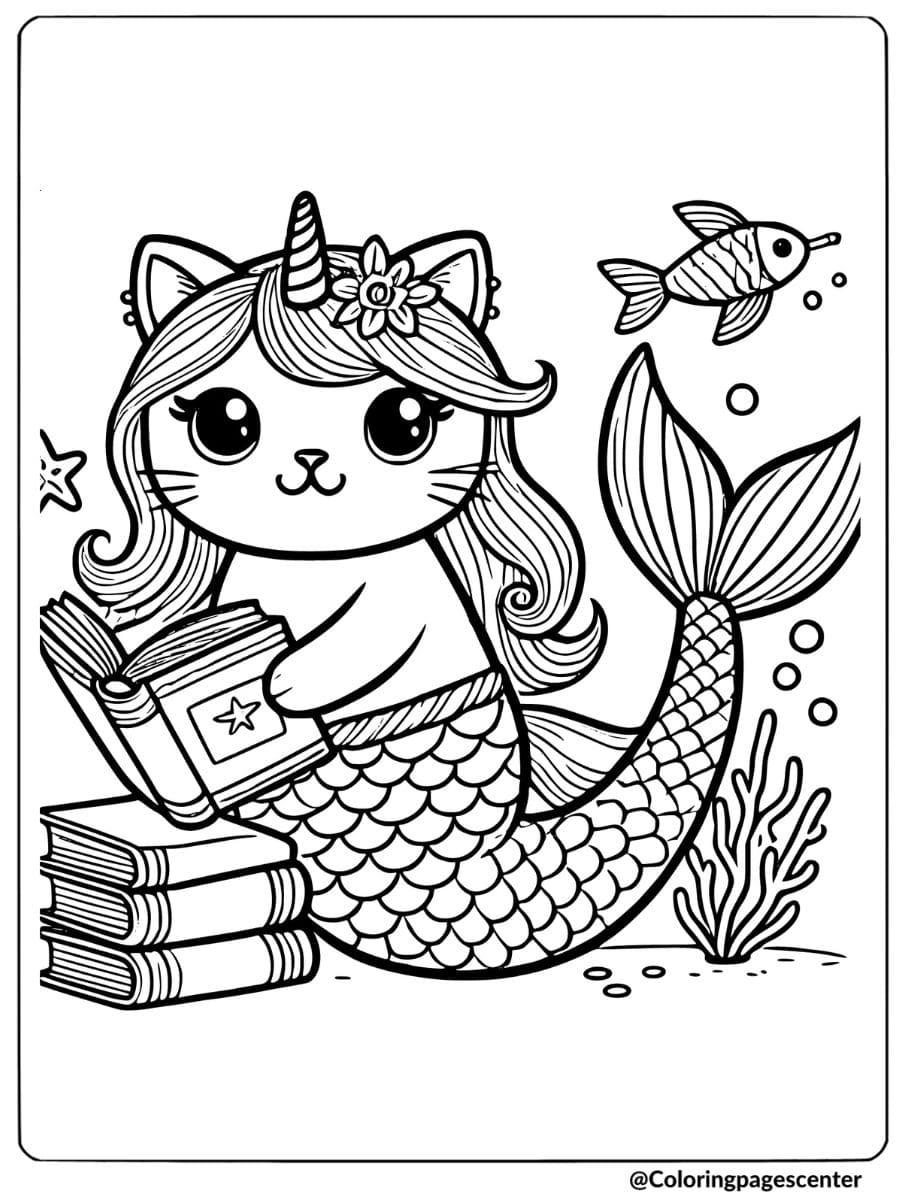 Bookworm unicorn cat mermaid coloring page